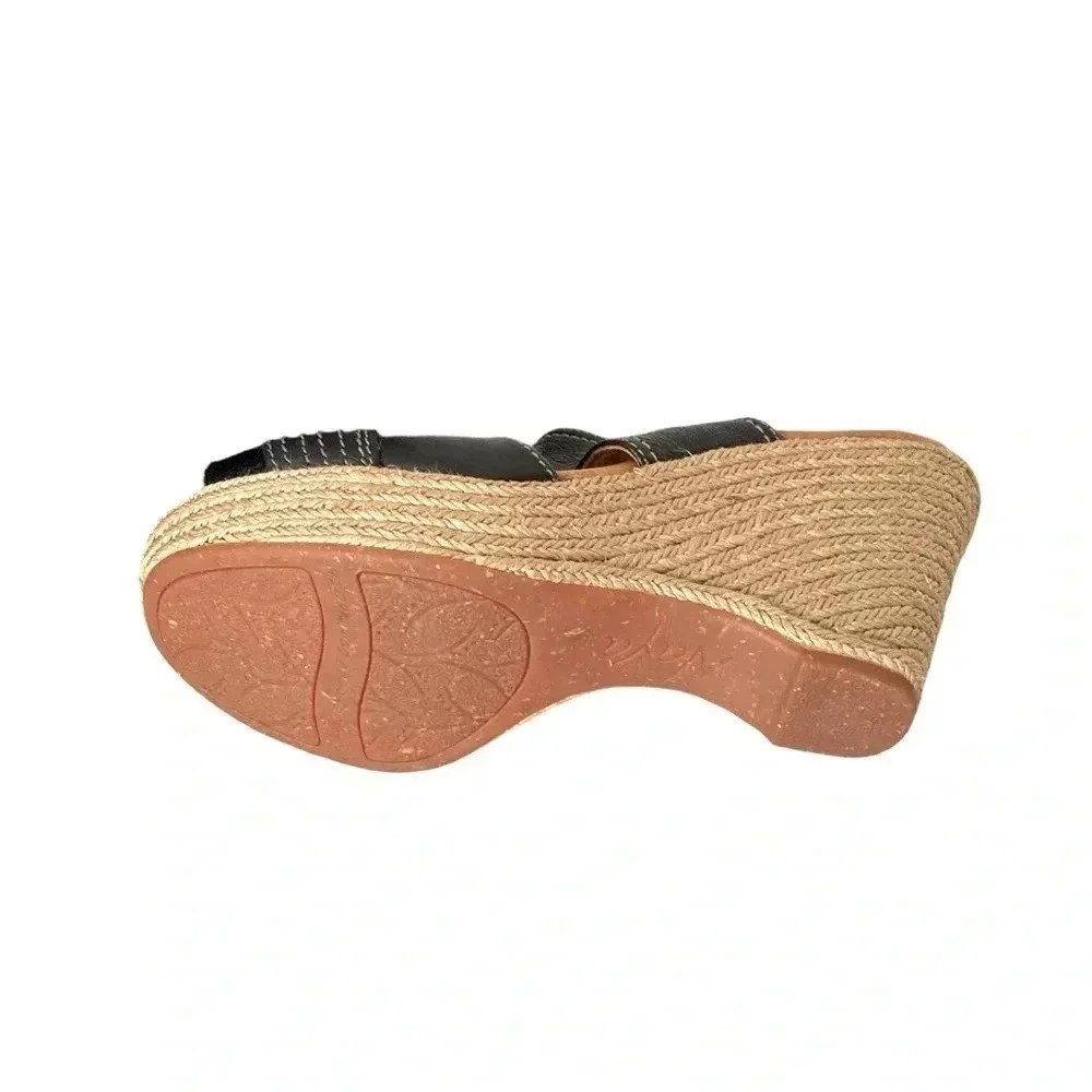 NAYA COLETTE |Chunky Strap Platform Bow Espadrille Black Leather Wedge Size 9.5W